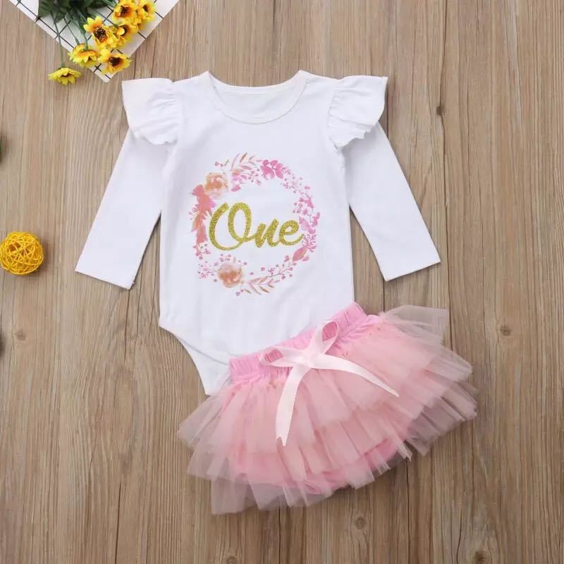 Girls' Letter Long Sleeve Flounced Sleeve Romper Mesh Skirt Outfit