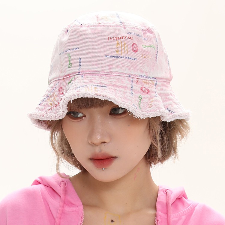 Handmade Raw Edges All Over Print Color Denim Bucket Hat Versatile