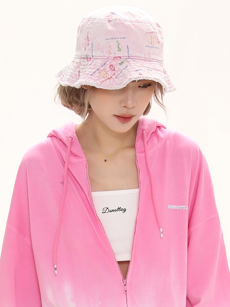 Handmade Raw Edges All Over Print Color Denim Bucket Hat Versatile