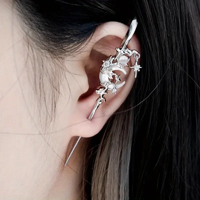 Gothic Vintage Star and Crescent Moon Rhinestone Dangle Earrings