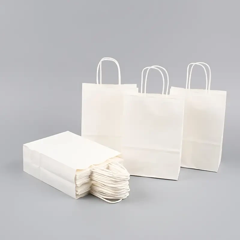 50/100pcs, White Paper Bags With Handles