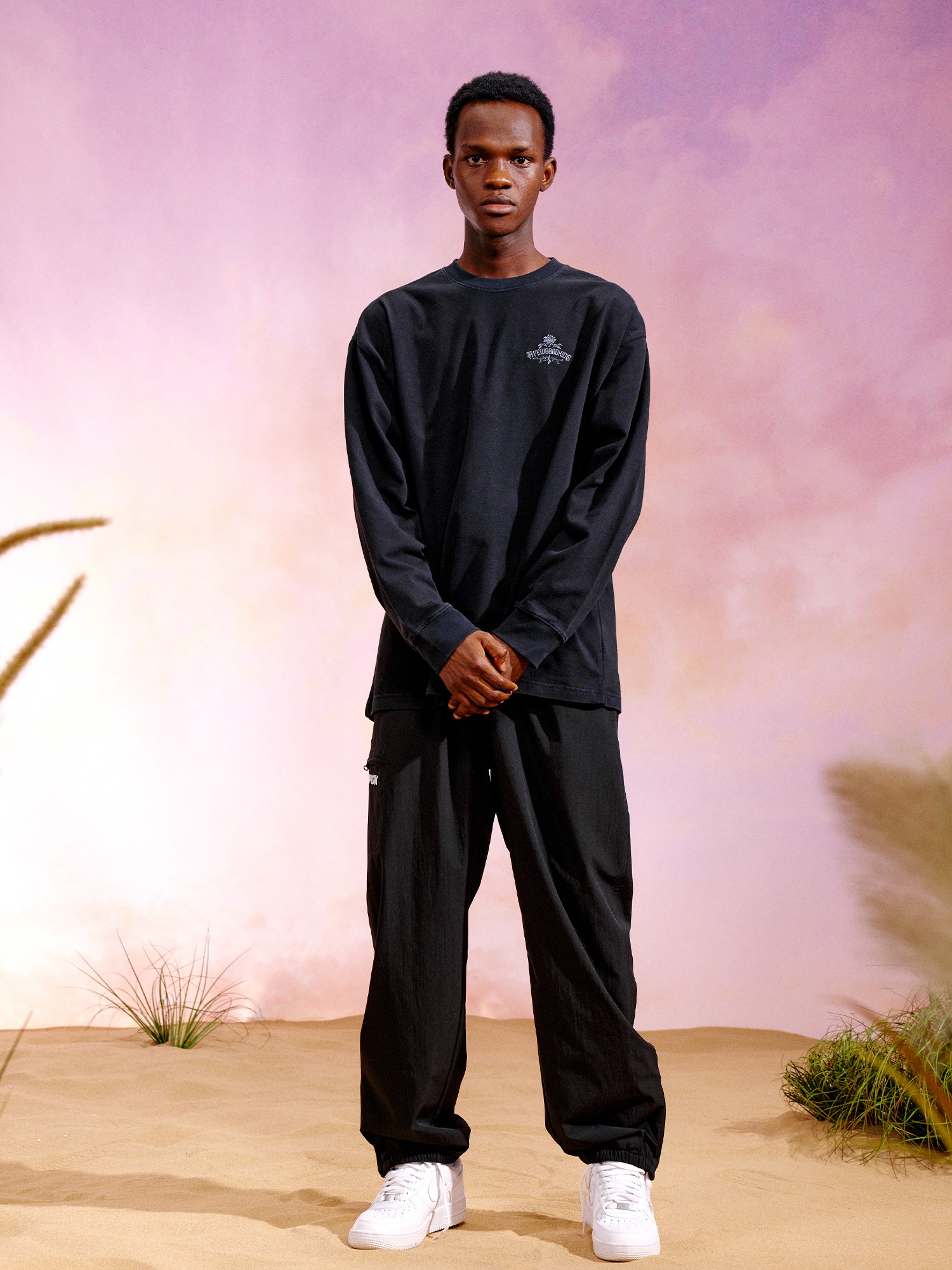 Men's American Street Wash Old Rose Embroidery T-shirt