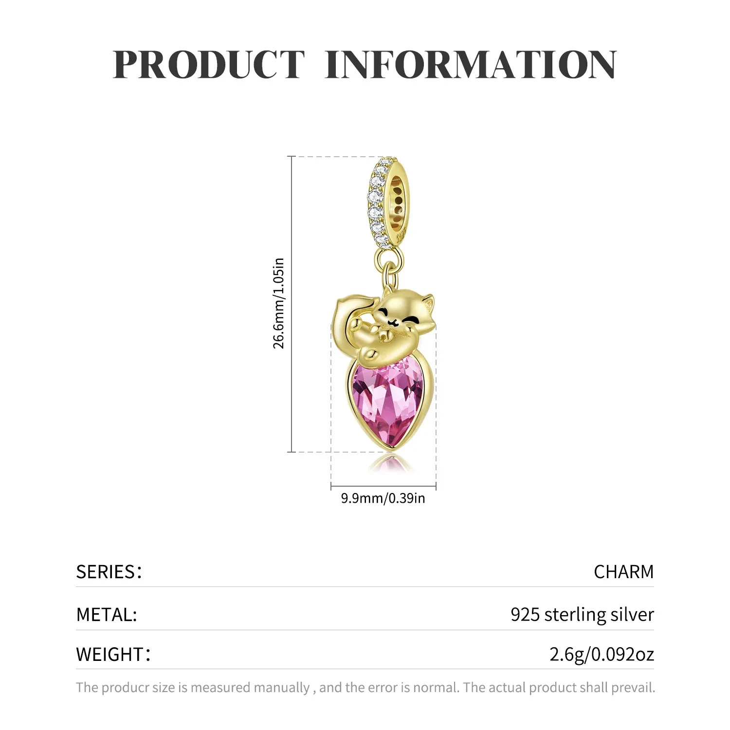 S925 Sterling Silver Gold-plated Pendant Cute Fox Pendant Bracelet Necklace Diy Accessories