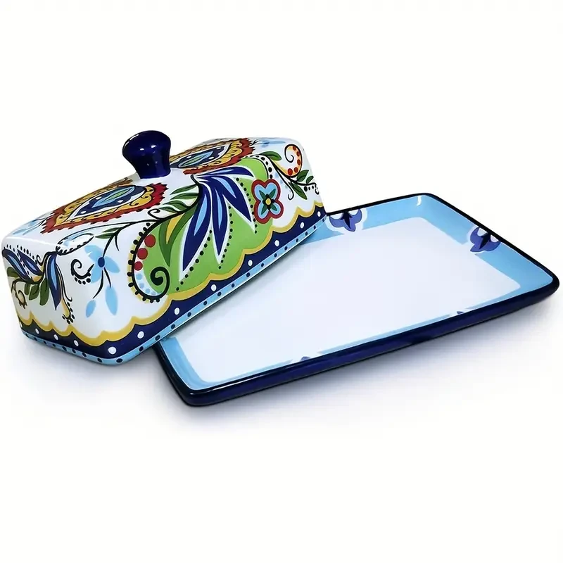 1 Set of Hand-Painted Ceramic Butter Dish with Lid