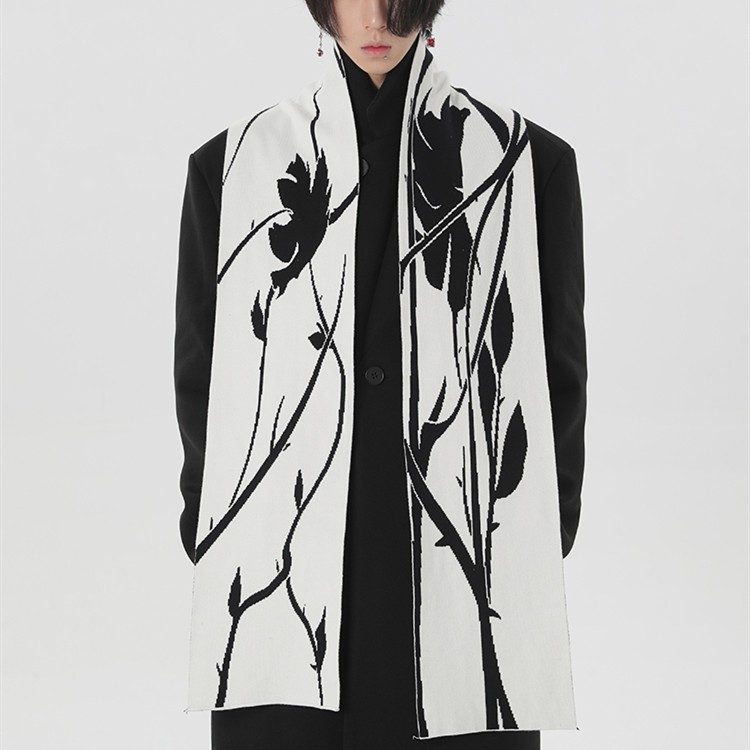 Original Hand-painted Black And White Thorn Rose Winter Neck Warmer Dehaired Angora Couple Scarf