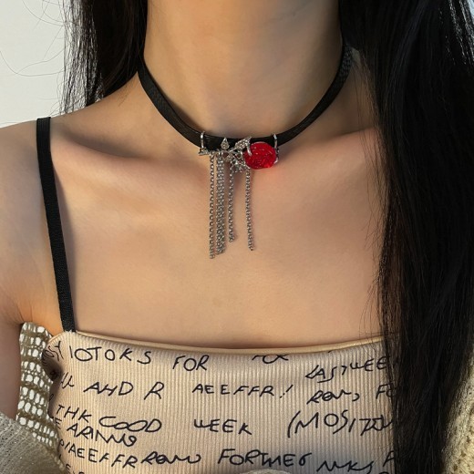 Red Rose Dark Tassel Necklace For Women