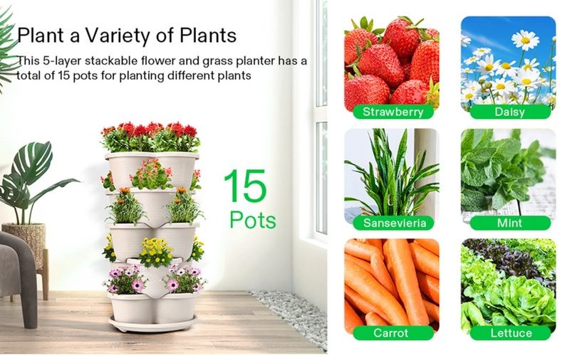 5 Tier Garden Tower Stackable Planter Pots