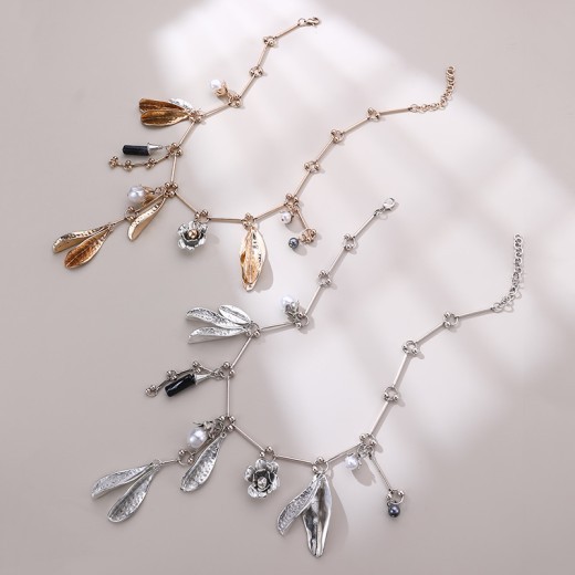 Vintage Pearl Leaves Flower Multi-pendant Necklace