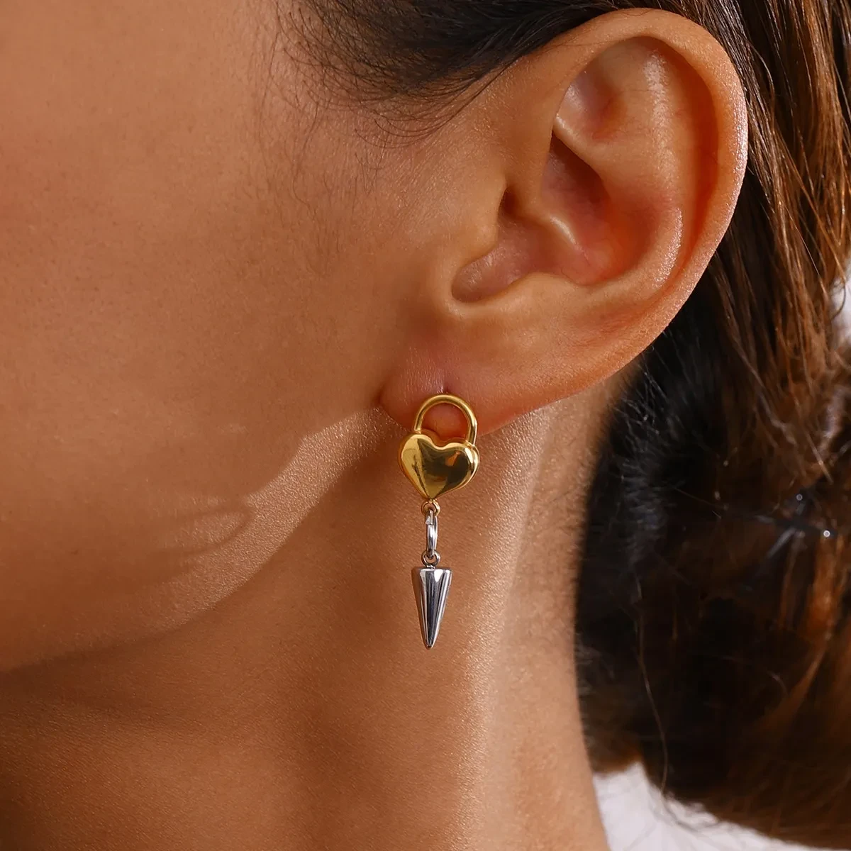 Stainless Steel Gold And Silver Color Matching Heart Cone Chain Love Heart Earrings