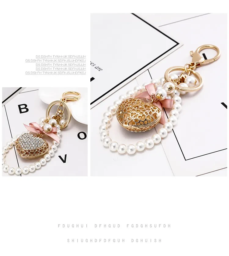 Exquisite Heart-shaped Keychain Full Diamond Peach Heart Pearl Pendant