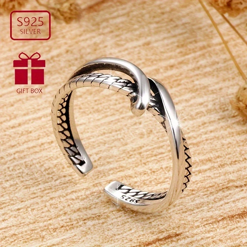 "925 Silver Adjustable Open Ring for Women  Vintage-Inspired Minimalist Design, Versatile & Stylish Accessory for Christmas Parties, New Years Eve, Music Festivals, and Casual Attire, Durable Zirconia Accents