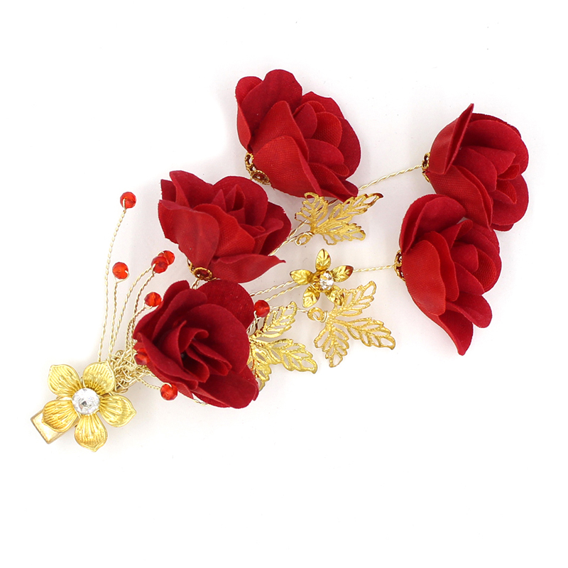 Chinese Style Red Bridal Head Flower Hair Ornament, Flannel Rose Flower