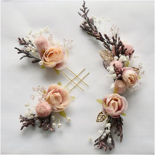 Bride Headwear Dry Flower Rose Three Piece Set Of Stylish Flower Pure Handwoven Hair Accessories