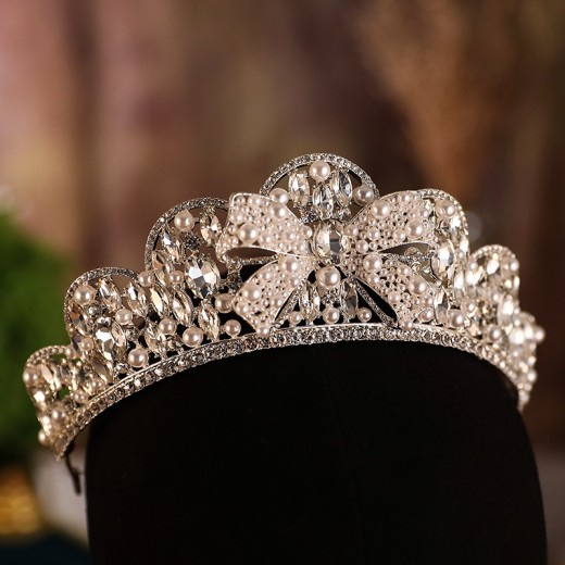 Rhinestone Crown Alloy Pearl Bow Wedding Plate Crown Hair Hoop