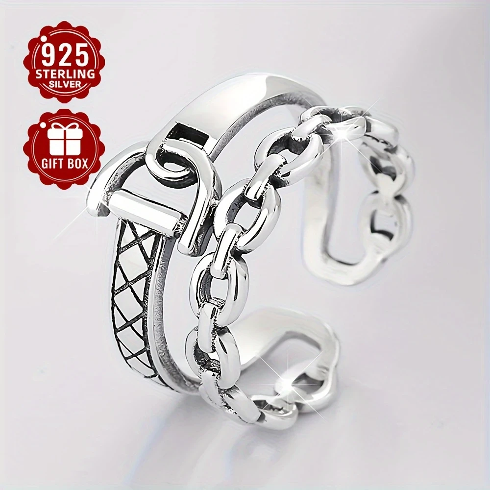925 Sterling Silver Women's Fashion Ring Hip Hop Punk Style Double Layer D-Shaped Open Ring