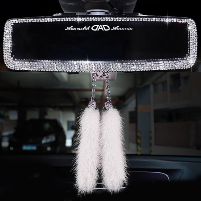 Car Interior Rearview Mirror Decor Charm Crystal Bling Diamond Ornament Rear View Mirror Cover Women Auto Accessories