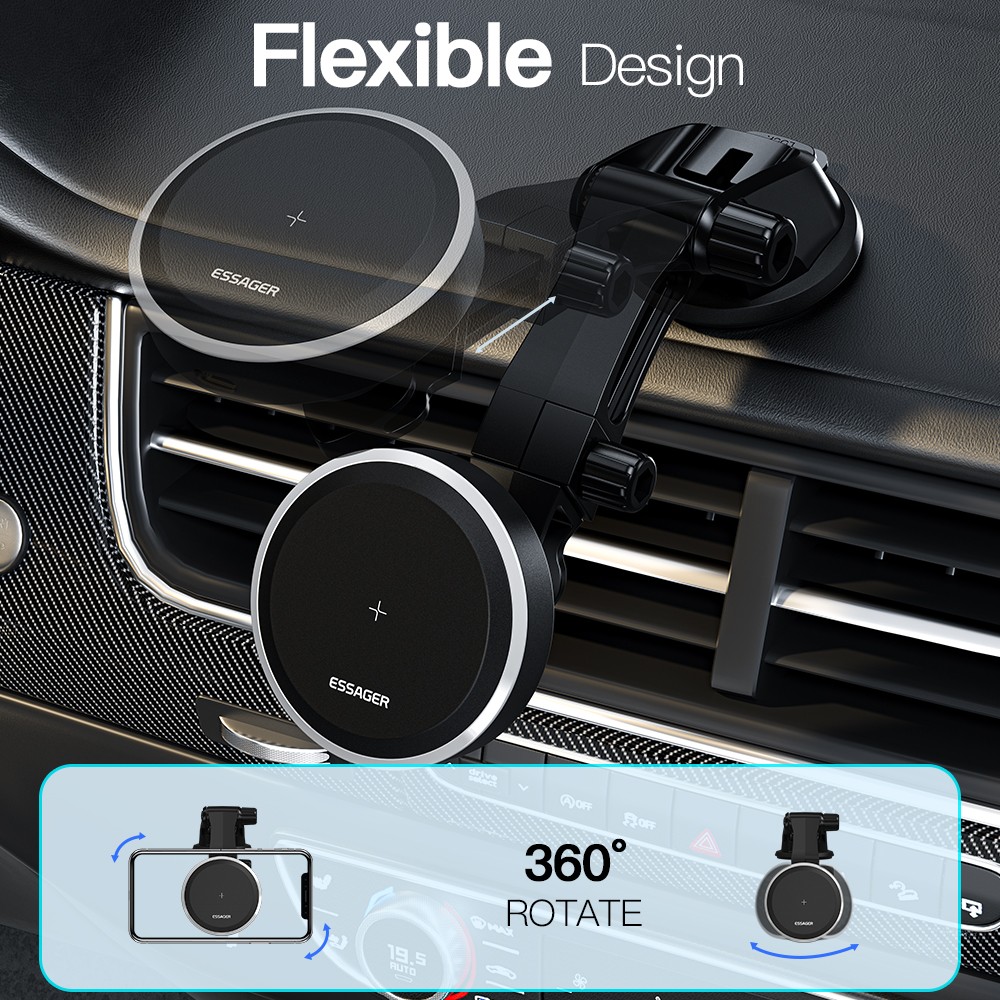 Essager RGB Magnetic Car Phone Holder Qi 15W Wireless Charger - Universal Phone Holder Stand for iPhone 15, 14, 13 Pro Max, Samsung