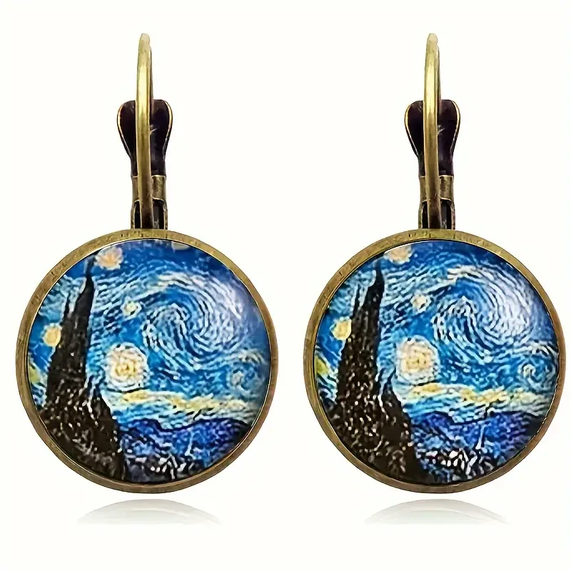 Starry Night Inspired Glass Cabochon Drop Earrings