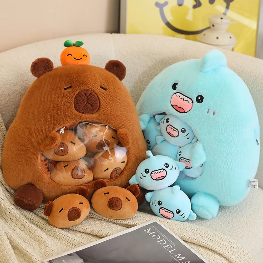 New Capybara Shark Shaped Snack Bag Plush Toy - Super Soft Cartoon Squishy Pillow