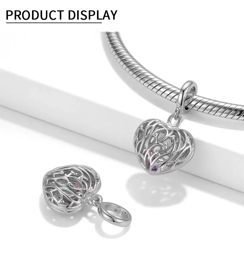 Tree Spreading Heart Shaped Beads S925 Sterling Silver Hollow Pendant Bracelet DIY Accessories Pendant