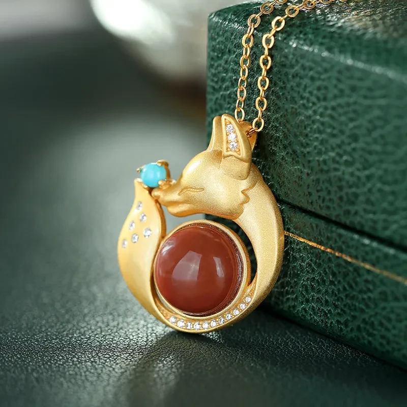 S925 Sterling Silver Inlaid Red Agate Pendant Female Simple Fashion Creative Fox Pendant Necklace