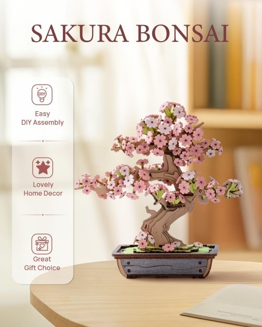 Rolife 3D Puzzle Artificial Flower Sakura Bonsai Wooden Puzzles For Adults DIY Toy Building Sets Construction Kits Build Your Own Aesthetic Home Decor Gifts For Women Men Teens