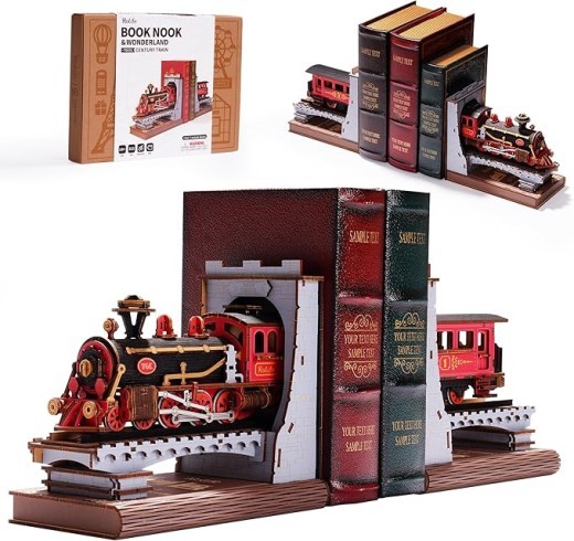 ROBOTIME Book Nook Book Ends Kits Century Train DIY Booknook 3D Wooden Puzzle Model Kit Bookend Bookshelf Decoration Gifts For Adults Kids Teens