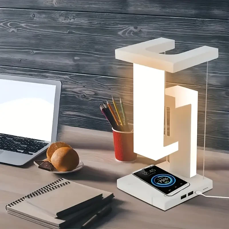 1pc Modern Floating LED Night Light | USB Powered with Wireless Charging | Adjustable Lighting | Touch Control | Space-Themed Design
