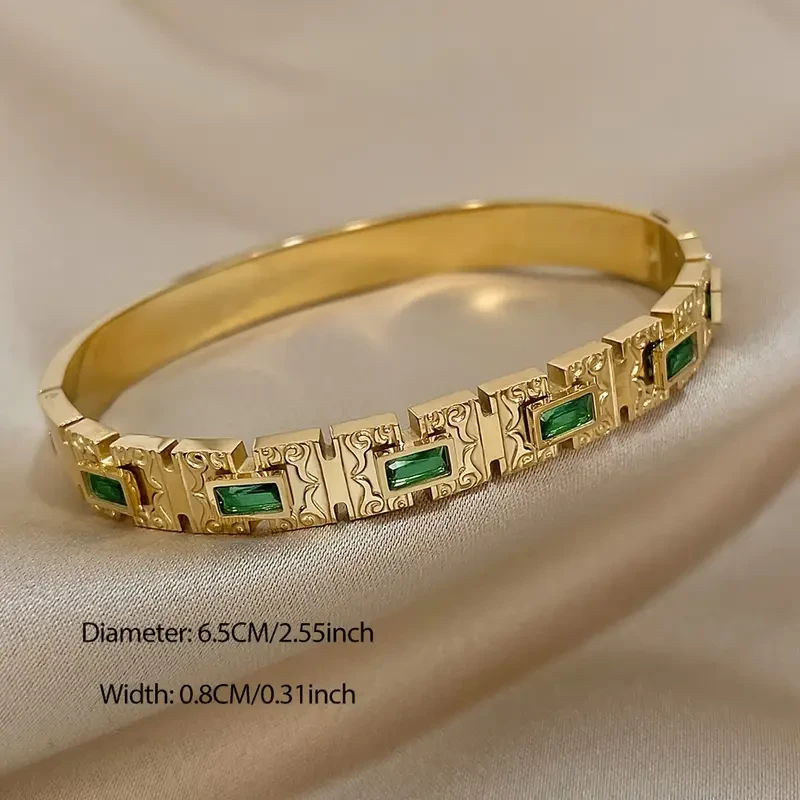 Vintage Inlay Green Zircon Rectangle Stainless Steel Bangles