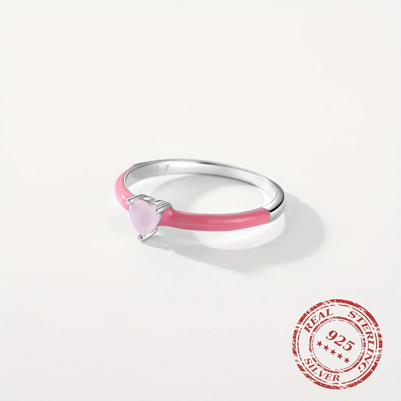 925 Sterling Silver New Design Pink Enamel Ring with Heart CZ Trendy Stackable Jewelry for Women, Perfect Gift for Parties