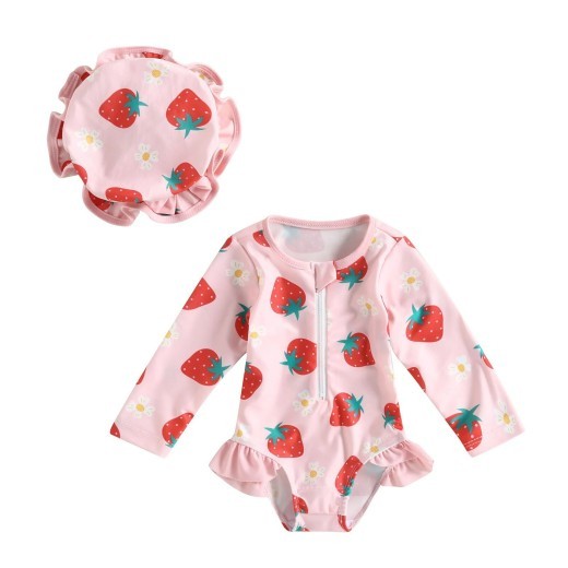 Girl's Swimsuit Flower Strawberry Print Long Sleeve Triangle One-piece
