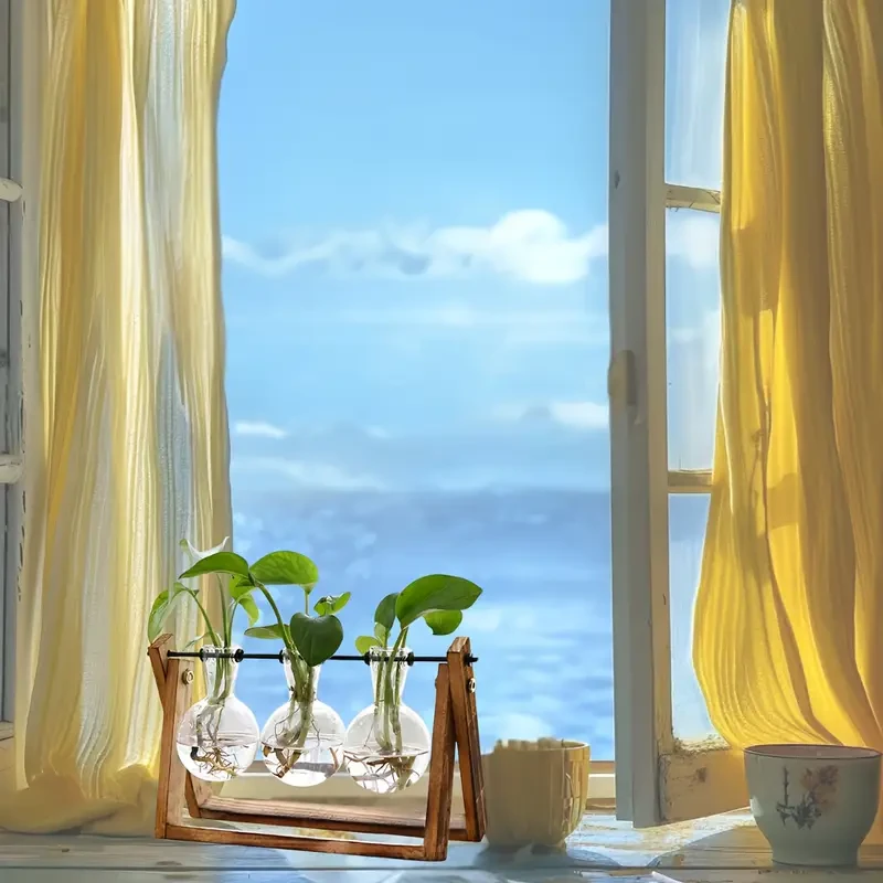 Transparent Glass Bulb Vase with Wooden Stand