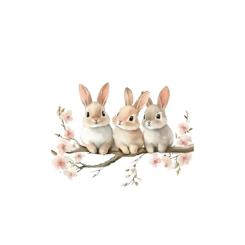 3D Art Deco Bunny Wall Stickers with Pink Flowers