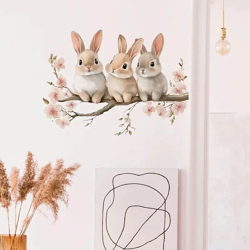 3D Art Deco Bunny Wall Stickers with Pink Flowers