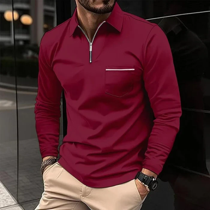 Men's Solid Zipper Lapel Breast Pocket Long Sleeve Polo Shirt