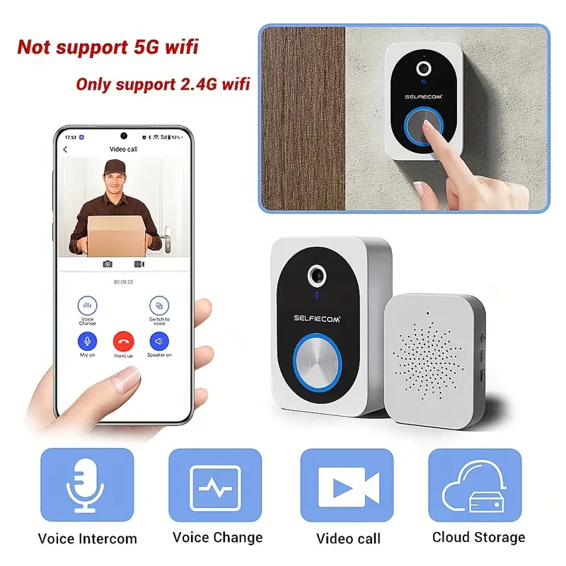 Smart Visual Dingdong Doorbell - 2.4GHz WiFi Wireless Doorbell with HD Night Vision, Two-Way Call, APP Remote Control, and 72-Hour Video Cloud Storage