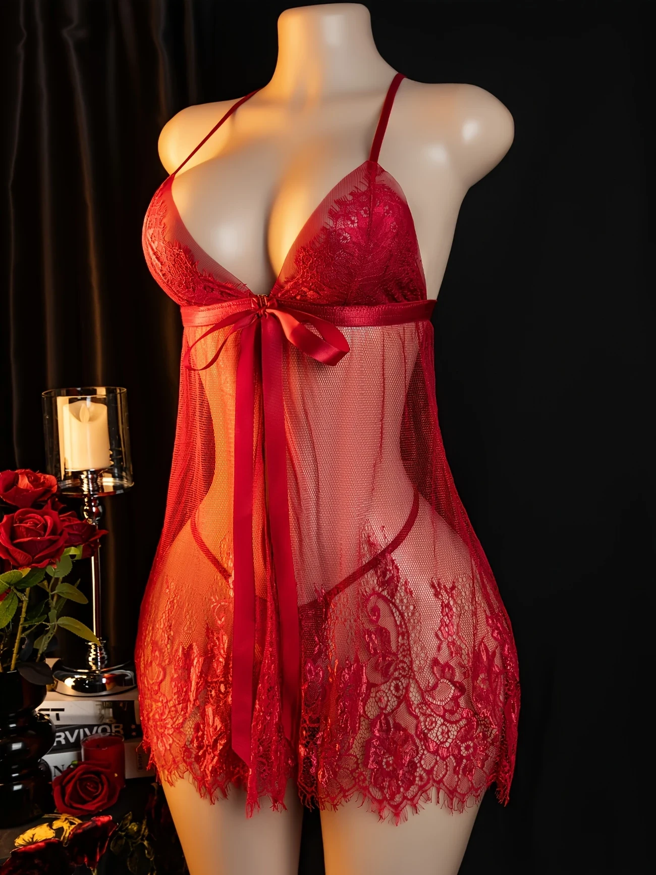 Elegant Red Lace Nightgown with Strapless Design and Bow Detail  Sexy Polyester Sleepwear Set for Women Including Garter Belt and Stockings, Romantic Evening Wear