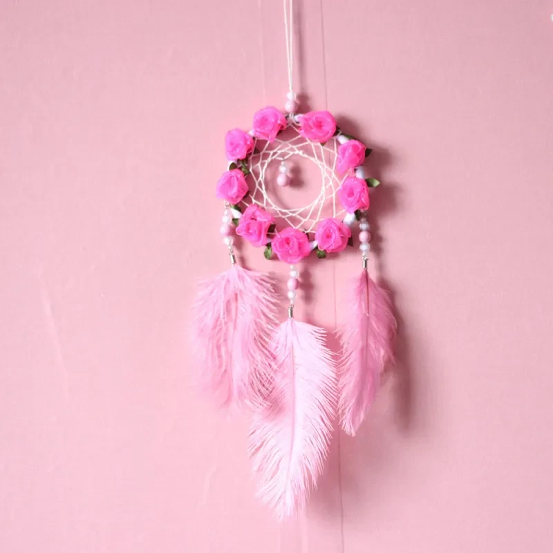 Women's Dreamcatcher Wind Chimes Pink Ostrich Feather Ornaments with Decorative Lights for Room Decoration