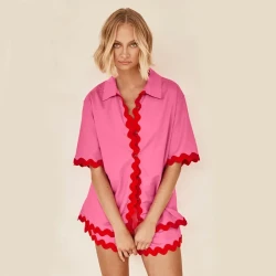 2Pcs Summer Shirt Suit With Short-sleeved V-neck Shirt For Women