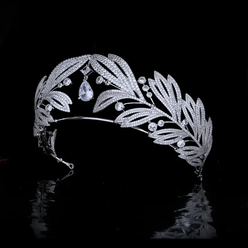 Royal Vintage Laurel Leaf Big Crown Bridal Zircon Crown