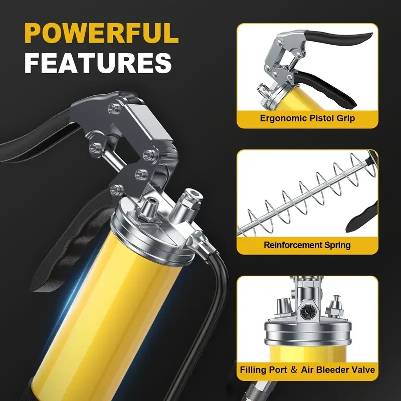 8000 PSI Heavy Duty Pistol Grip Oil Gun Kit With 14 Oz Load, 45.72 Cm Spring Deflection Hose