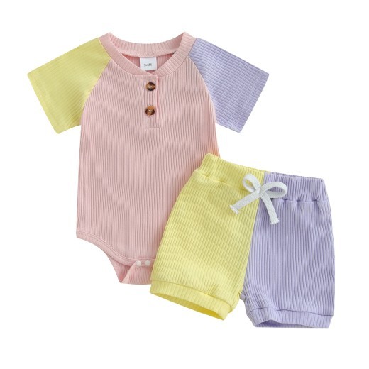 Solid Color Rib Fabric Color Matching Short Sleeve Suit