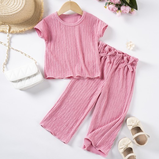 Girls Casual Style Solid Color Short Sleeve Trousers Suit