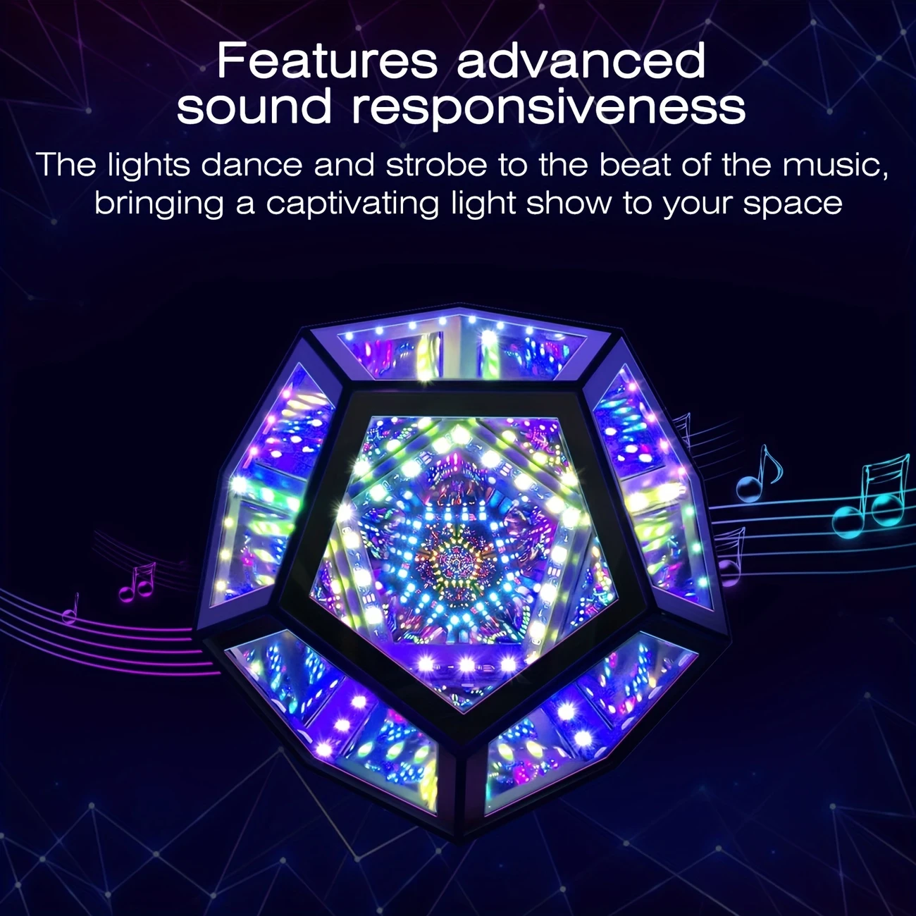 RGBW Color Changing Music Sync Infinity Dodecahedron Mirror Lamp  Ultimate Ambient Lighting for Gaming Room, Bedroom, and Desk Decor