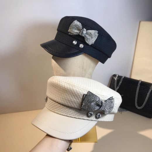 Splicing Socialite Flat Top Rhinestone Bow Navy Hat Female