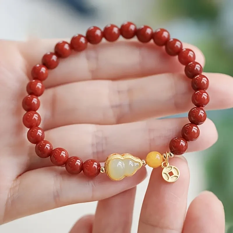 1pc MUFAN Luxury Agate Beaded Bracelet - 5-6mm South Red Agate with Elastic Cord, Elegant Luxury Gypsum Bead Bracelet for Women, Daily Wear & Gift, All-Season