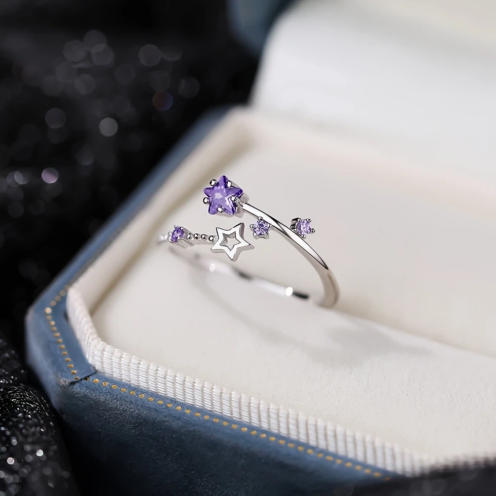 Elegant Adjustable Star Ring for Women Silvery-Tone Copper Alloy with Purple Synthetic Zirconia