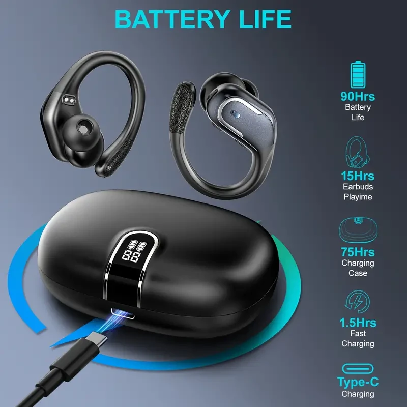 90H Wireless Earphones - Long-Lasting Sound with ENC Noise Cancellation, 3D Deep Bass, and Secure Fit Earhooks