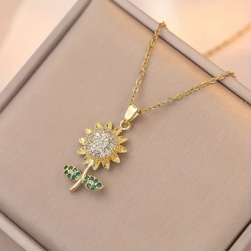 Elegant Sunflower Pendant Necklace for Women 18K Golden Plated, Titanium Steel with Cubic Zirconia Accents Perfect Gift for Her