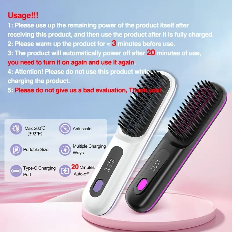 GENAI Cordless Hair Straightener Brush with Negative Ion Technology